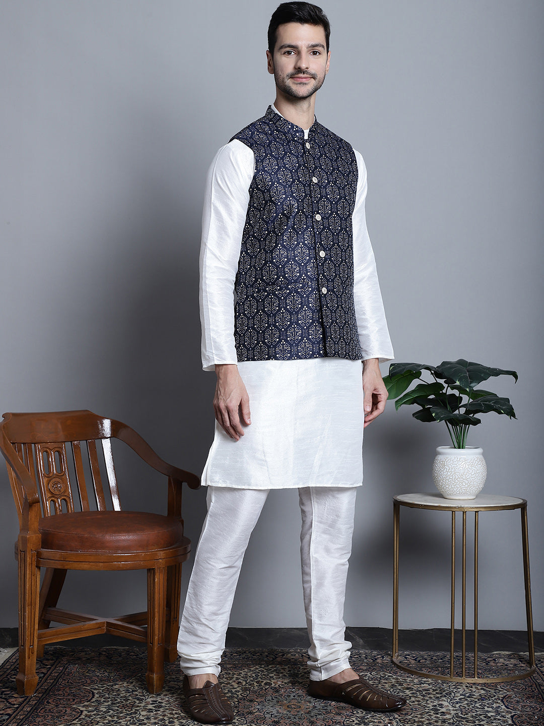 Jompers Men's Printed Nehru Jacket With Kurta Pyjama Set - Navy Blue - Distacart