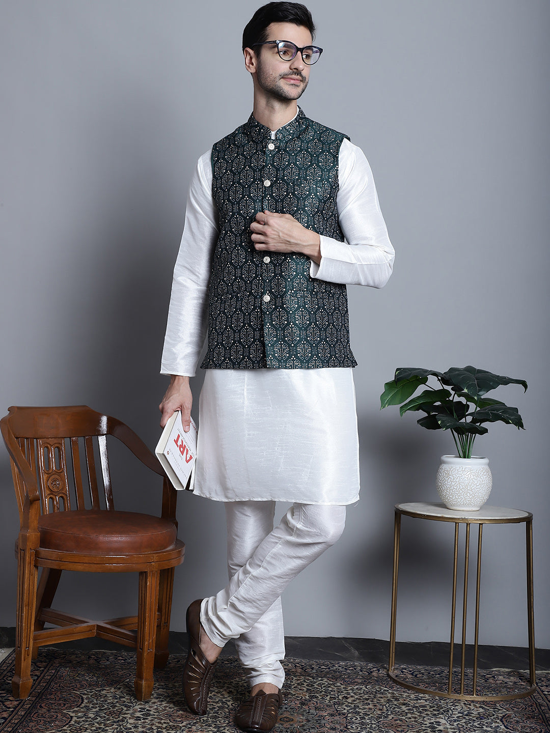 Jompers Men's Printed Nehru Jacket With Kurta Pyjama Set - Olive - Distacart