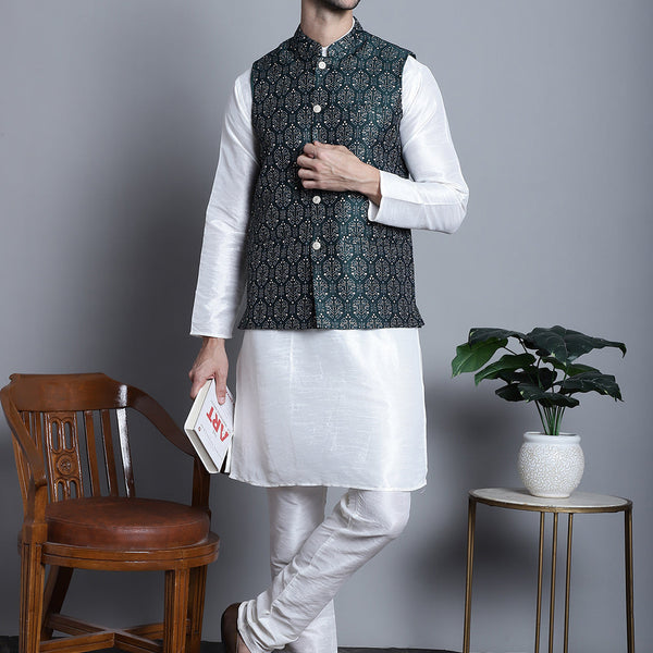 Jompers Men's Printed Nehru Jacket With Kurta Pyjama Set - Olive - Distacart