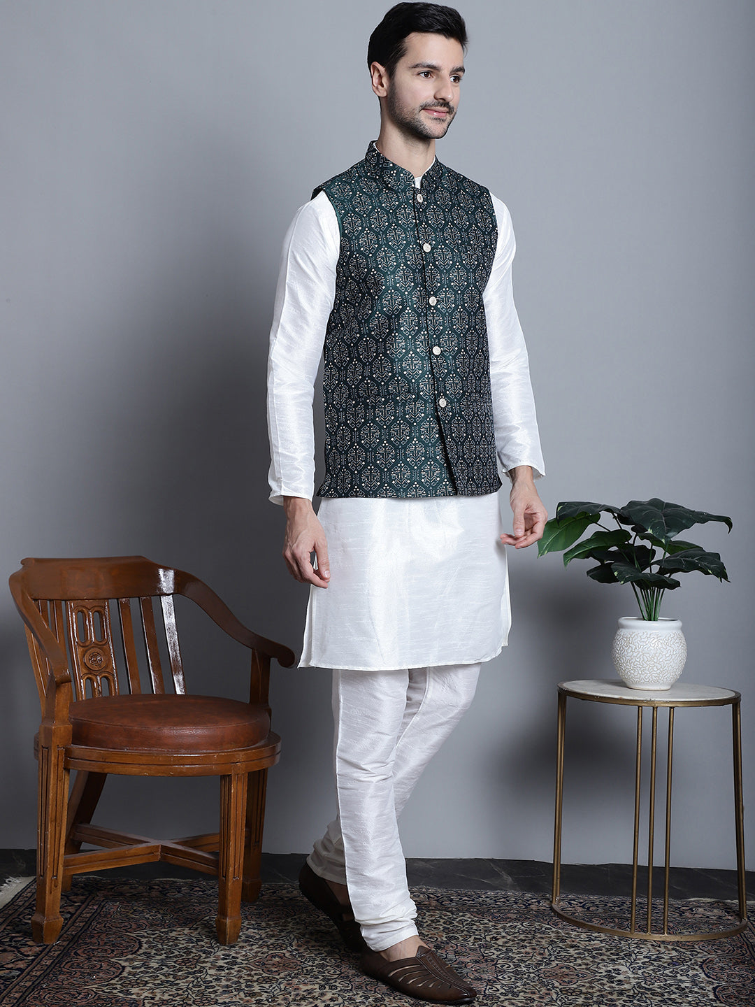 Jompers Men's Printed Nehru Jacket With Kurta Pyjama Set - Olive - Distacart