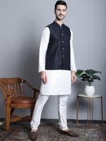 Thumbnail for Jompers Men's Woven Design Nehru Jacket With Kurta Pyjama Set - Navy Blue - Distacart