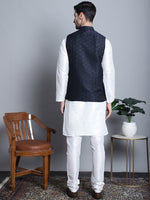 Thumbnail for Jompers Men's Woven Design Nehru Jacket With Kurta Pyjama Set - Navy Blue - Distacart