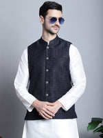 Thumbnail for Jompers Men's Woven Design Nehru Jacket With Kurta Pyjama Set - Navy Blue - Distacart