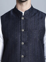 Thumbnail for Jompers Men's Woven Design Nehru Jacket With Kurta Pyjama Set - Navy Blue - Distacart