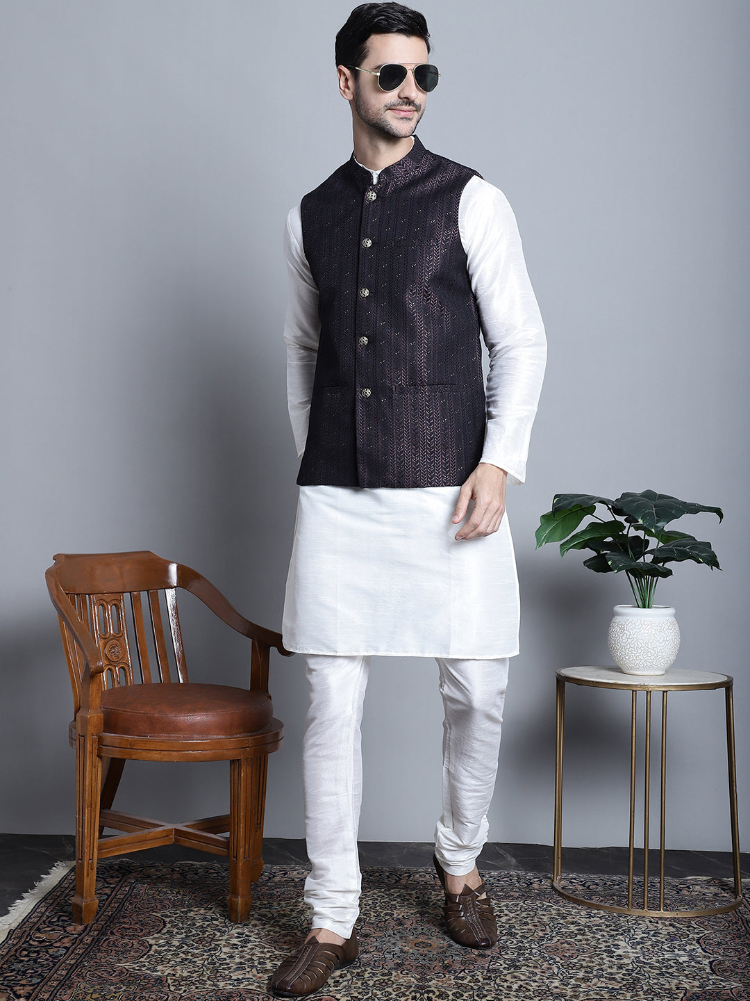 Jompers Men's Woven Design Nehru Jacket With Kurta Pyjama Set - Purple - Distacart