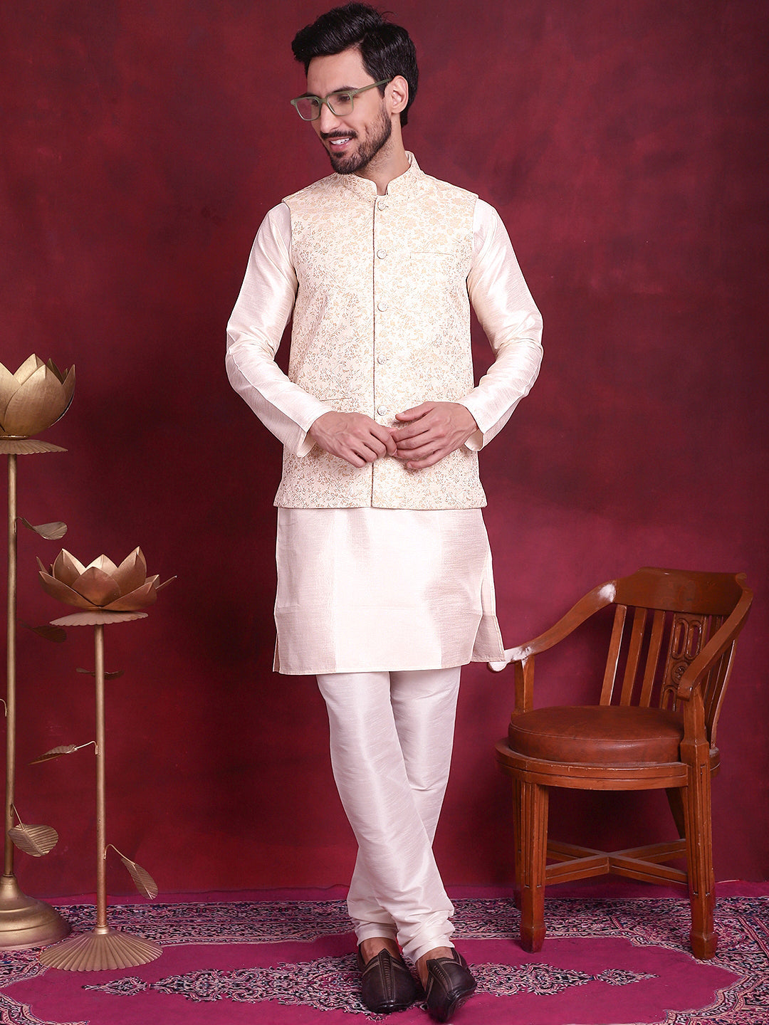 Jompers Men's Woven Design Nehru Jacket With Kurta Pyjama Set - Cream - Distacart