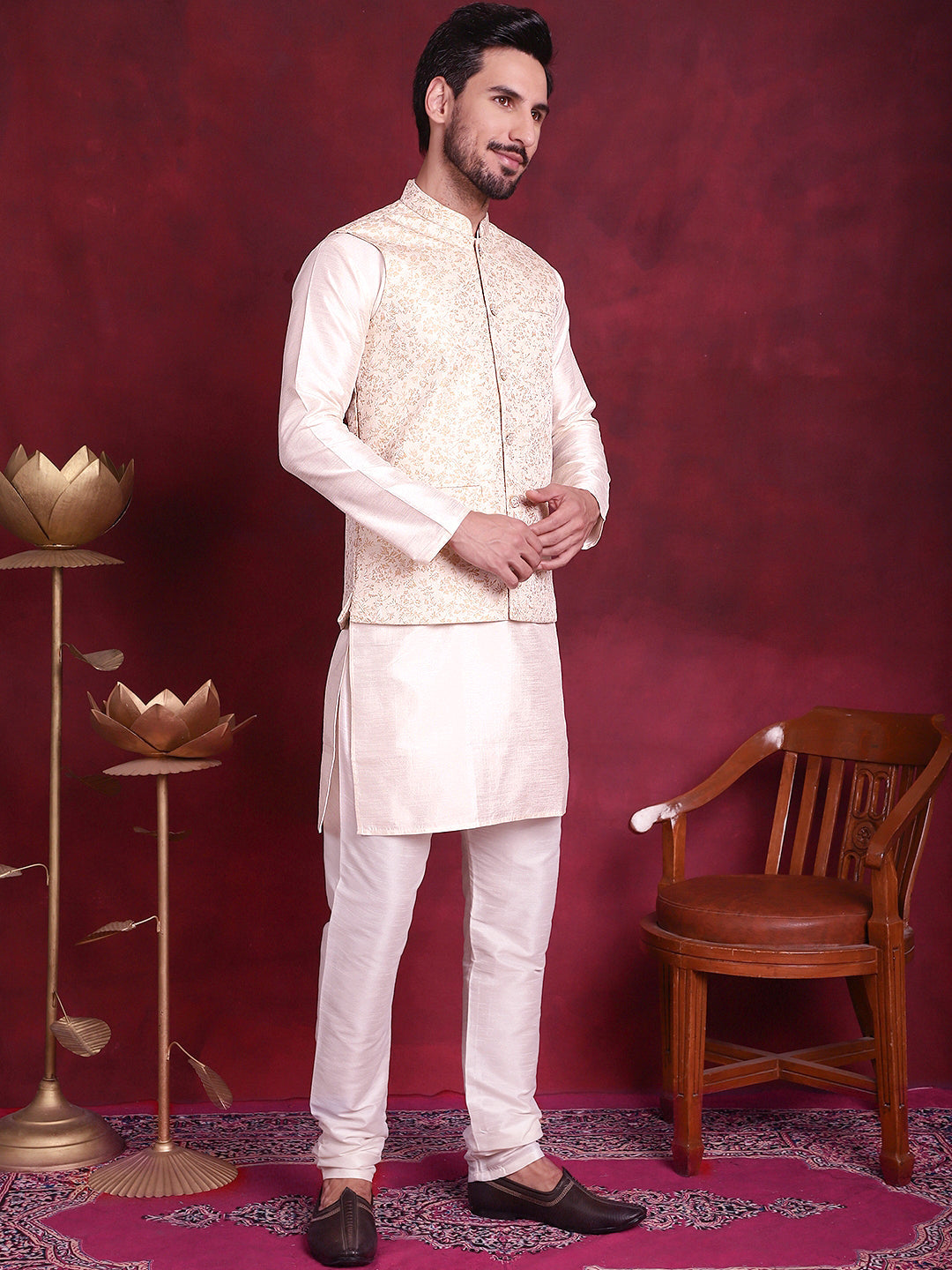 Jompers Men's Woven Design Nehru Jacket With Kurta Pyjama Set - Cream - Distacart