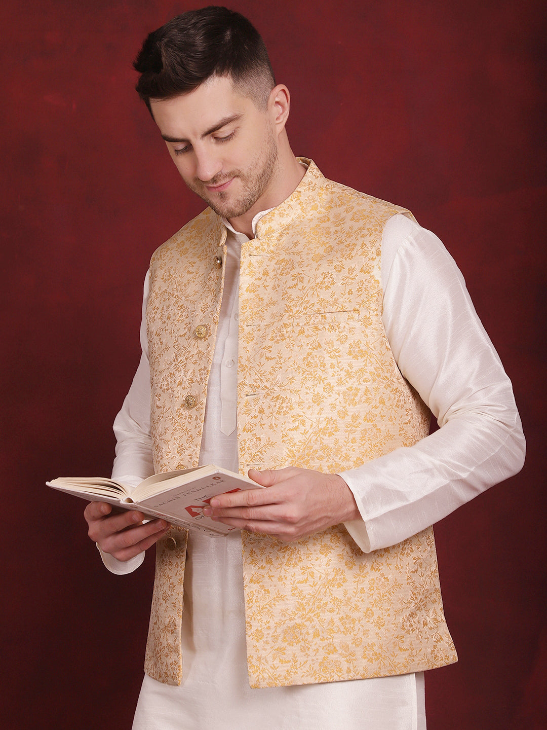 Jompers Men's Golden Woven Design Nehru Jacket With Kurta Pyjama Set - Distacart