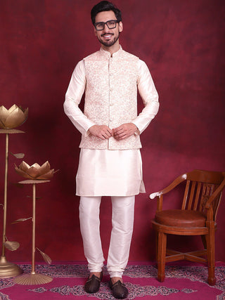 Jompers Men's Woven Design Nehru Jacket With Kurta Pyjama Set - Pink - Distacart