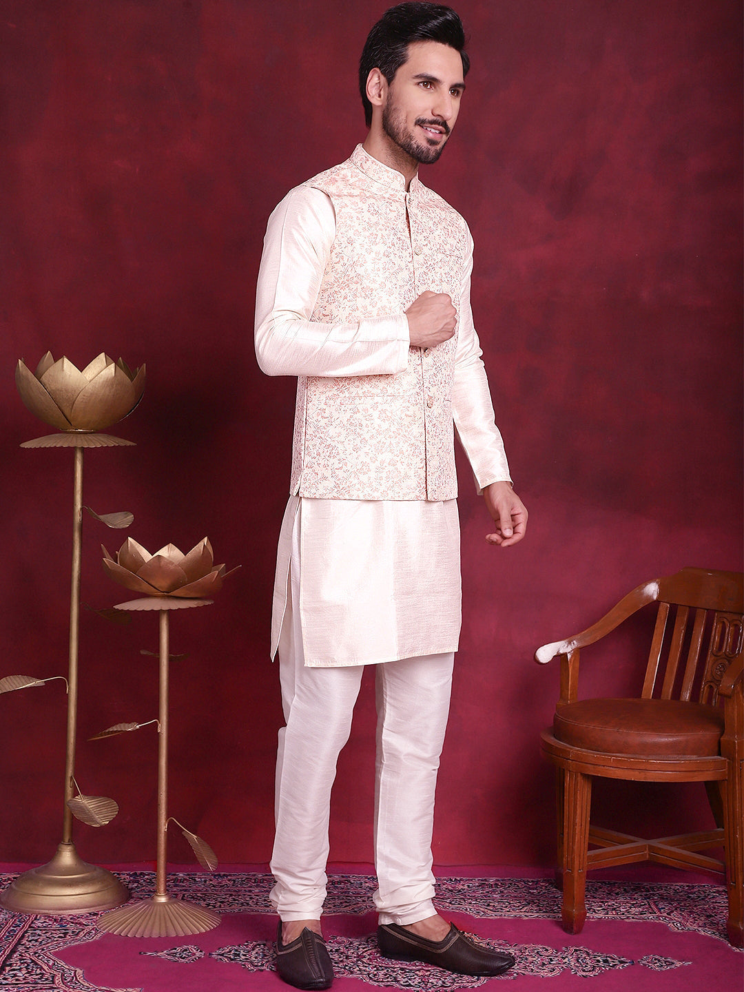 Jompers Men's Woven Design Nehru Jacket With Kurta Pyjama Set - Pink - Distacart