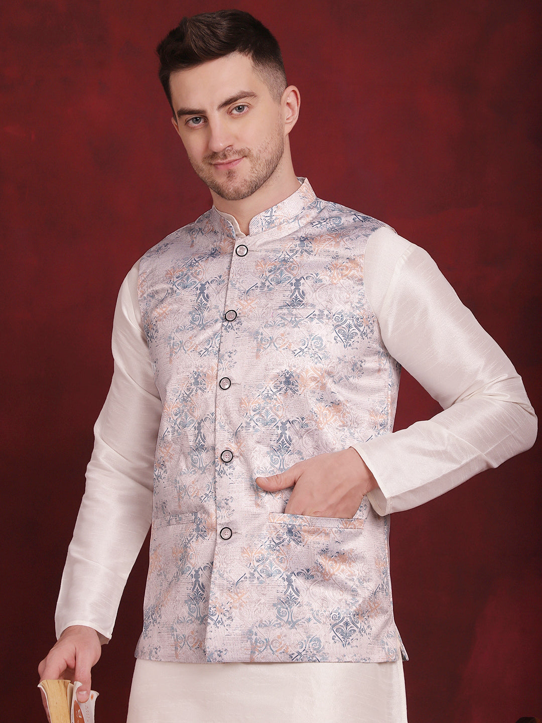 Jompers Men's Silver Floral Printed Nehru Jacket With Kurta Pyjama Set - Distacart