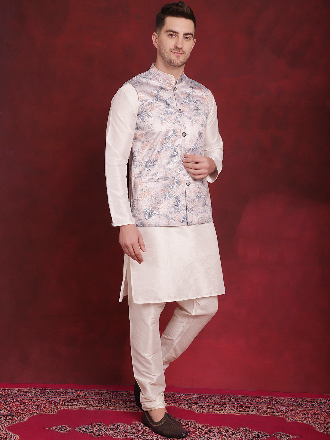 Jompers Men's Silver Floral Printed Nehru Jacket With Kurta Pyjama Set - Distacart