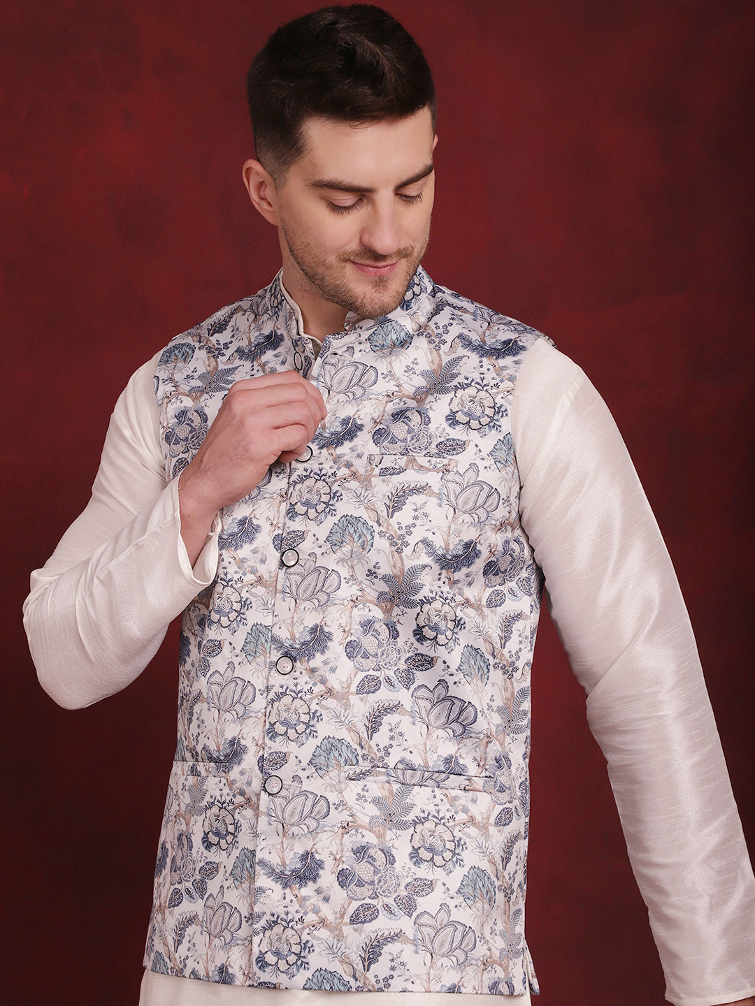 Jompers Men's White Floral Printed Nehru Jacket With Kurta Pyjama Set - Distacart