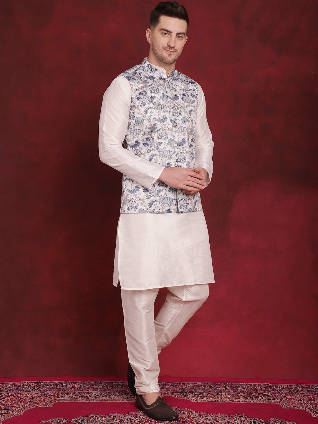 Jompers Men's White Floral Printed Nehru Jacket With Kurta Pyjama Set - Distacart