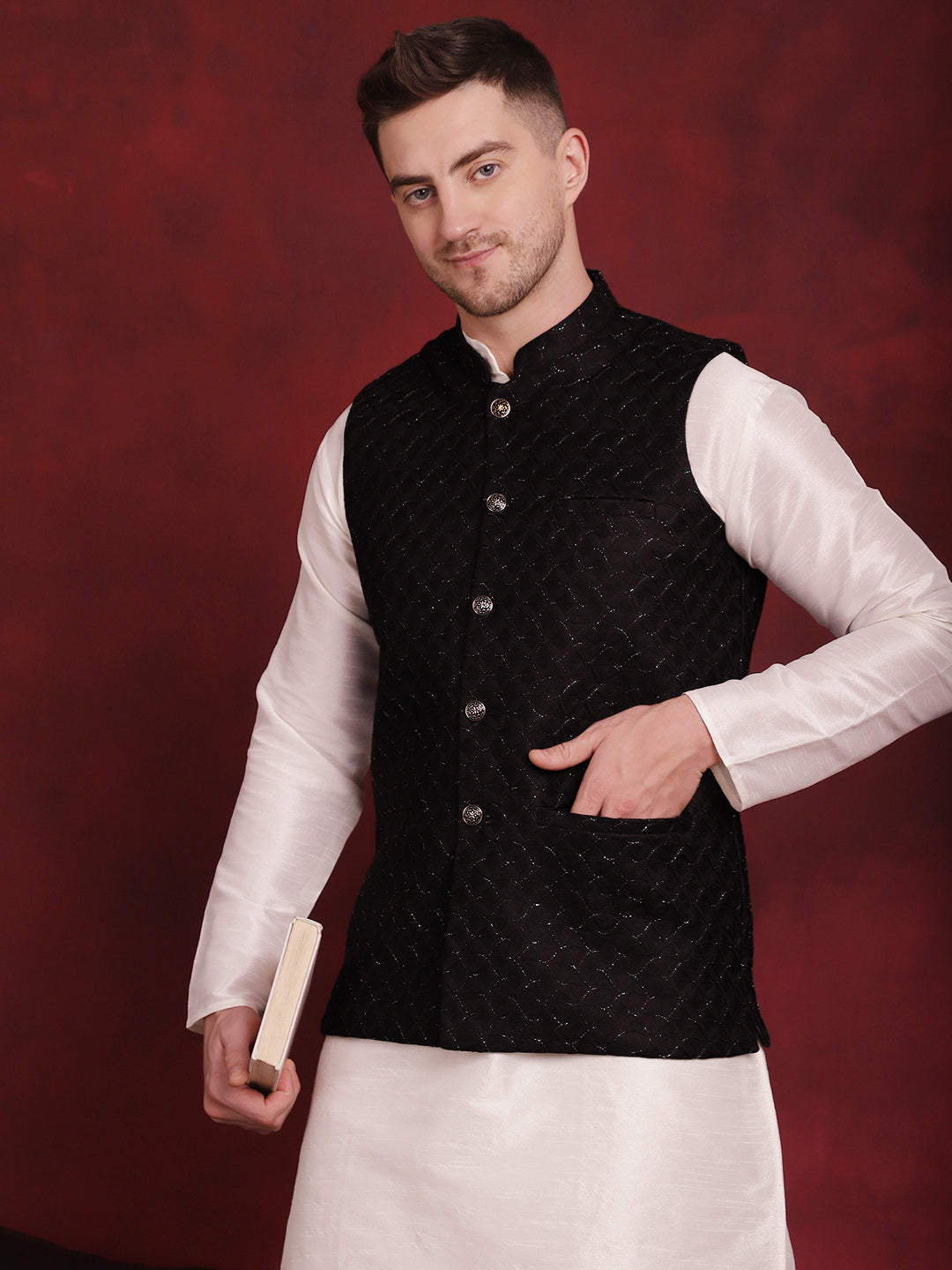 Jompers Men's Black Woven Design Nehru Jacket With Kurta Pyjama Set - Distacart