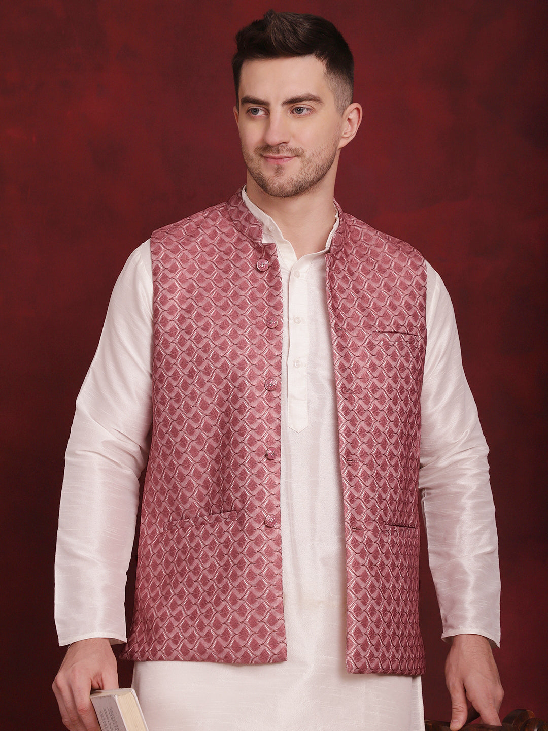 Jompers Men's Coral Woven Design Nehru Jacket With Kurta Pyjama Set - Distacart