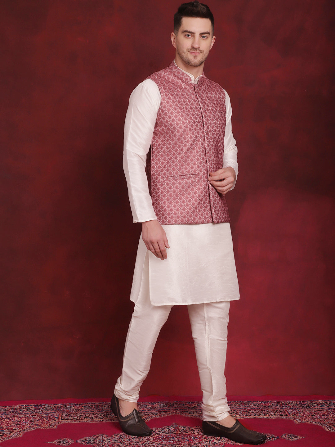 Jompers Men's Coral Woven Design Nehru Jacket With Kurta Pyjama Set - Distacart