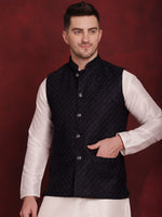 Thumbnail for Jompers Men's Navy Blue Woven Design Nehru Jacket With Kurta Pyjama Set - Distacart