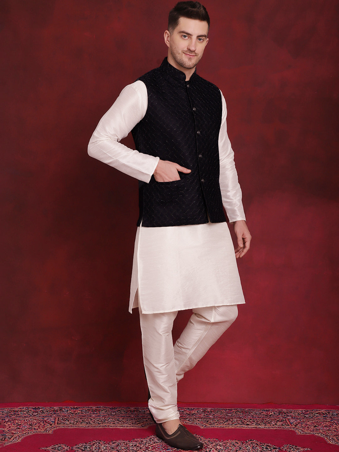 Jompers Men's Navy Blue Woven Design Nehru Jacket With Kurta Pyjama Set - Distacart