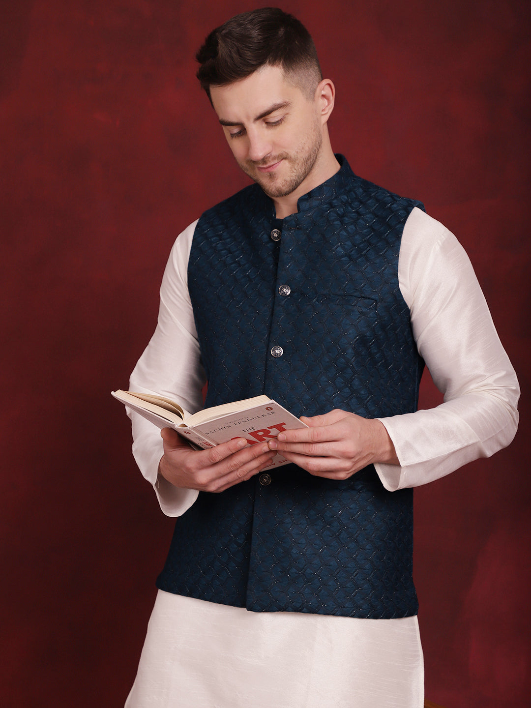 Jompers Men's Blue Woven Design Nehru Jacket With Kurta Pyjama Set - Distacart