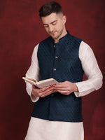 Thumbnail for Jompers Men's Blue Woven Design Nehru Jacket With Kurta Pyjama Set - Distacart