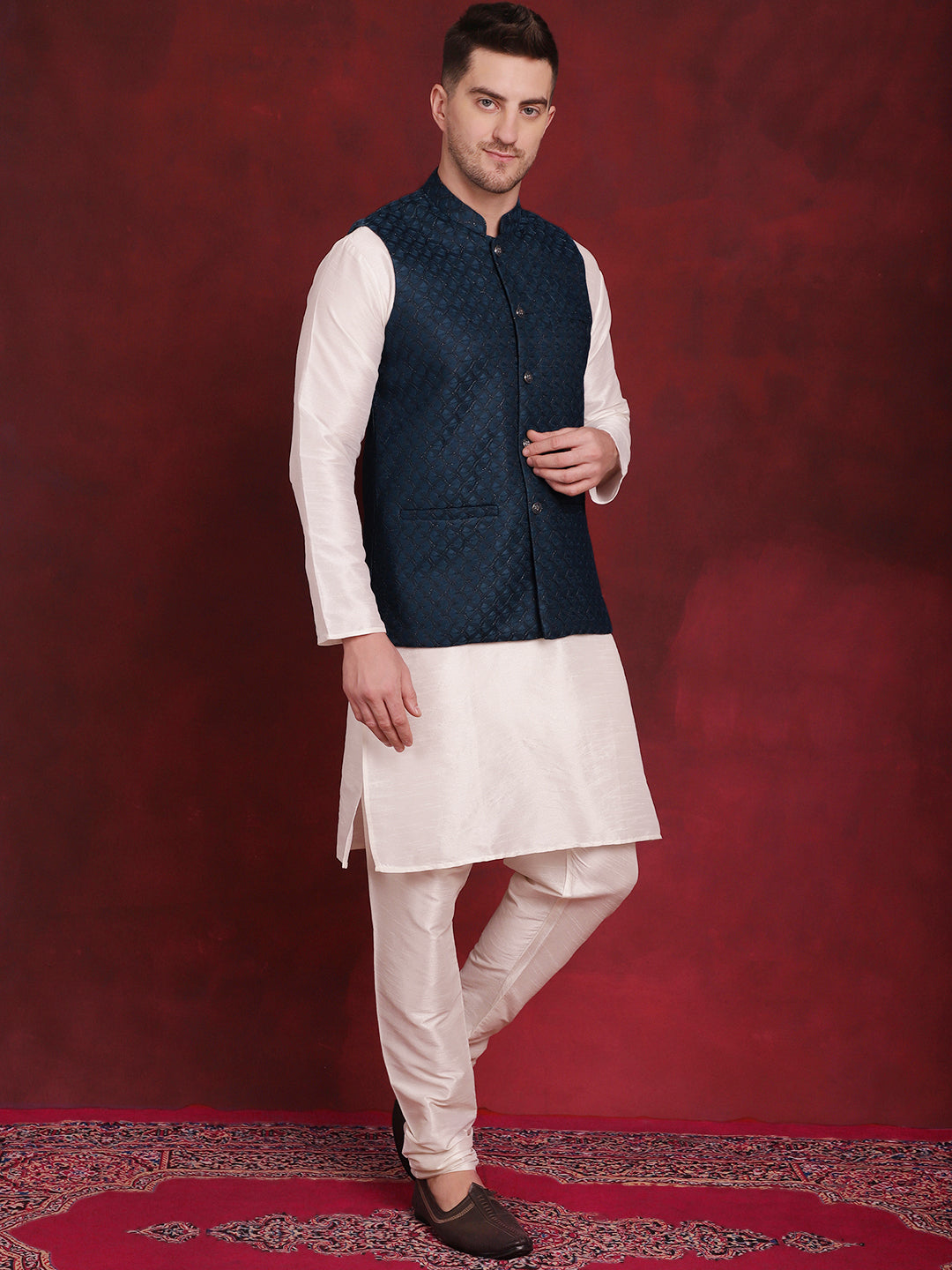 Jompers Men's Blue Woven Design Nehru Jacket With Kurta Pyjama Set - Distacart