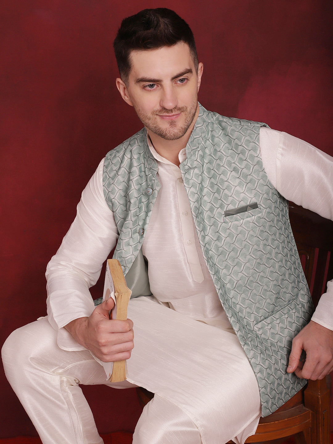 Jompers Men's Green Woven Design Nehru Jacket With Kurta Pyjama Set - Distacart