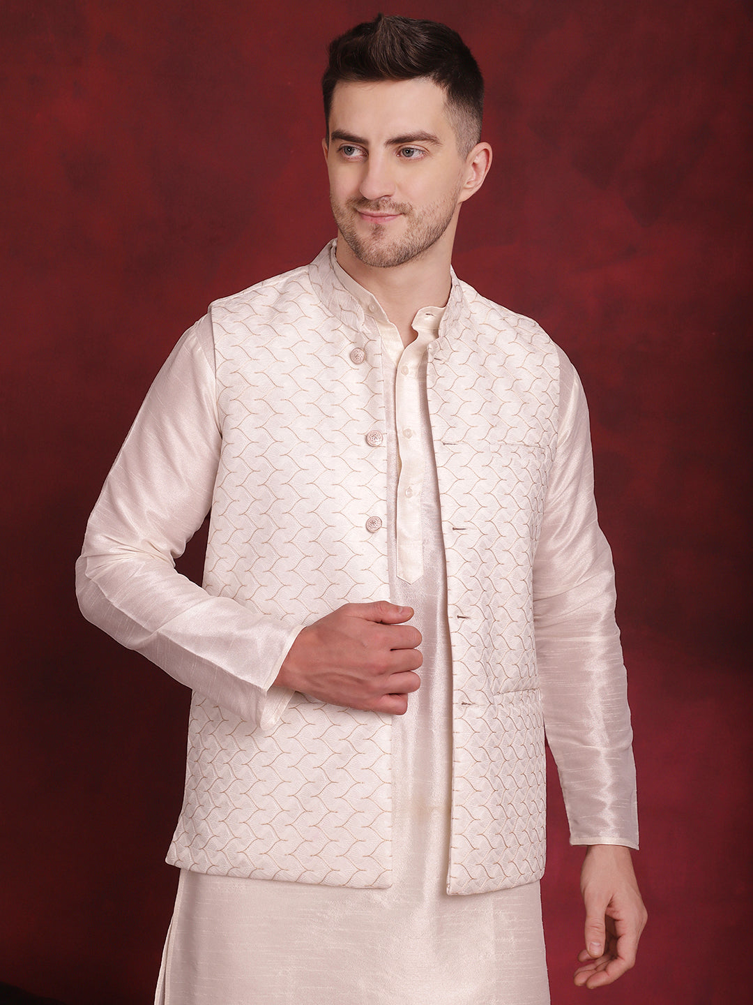 Jompers Men's White Woven Design Nehru Jacket With Kurta Pyjama Set - White - Distacart