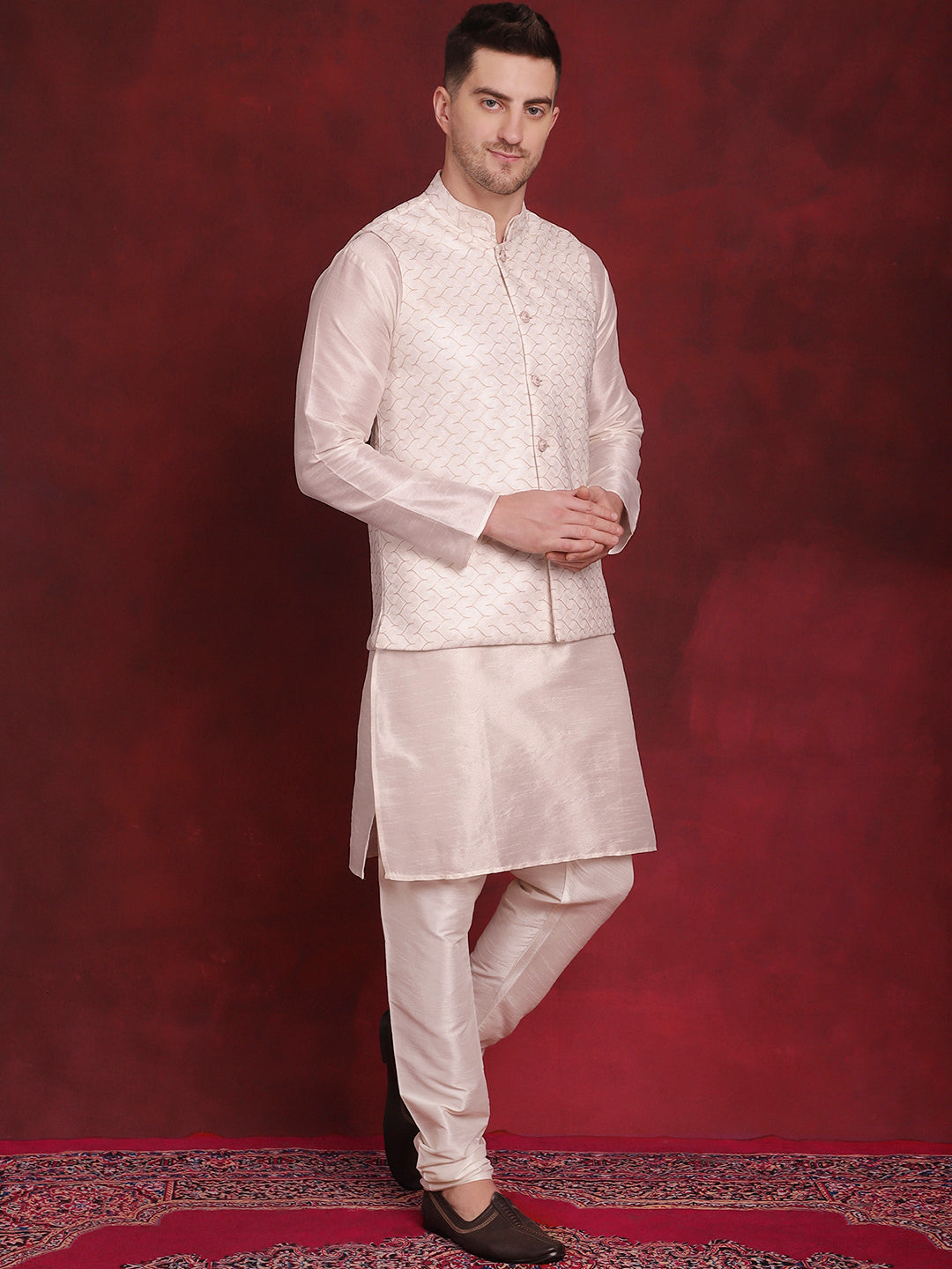 Jompers Men's White Woven Design Nehru Jacket With Kurta Pyjama Set - White - Distacart