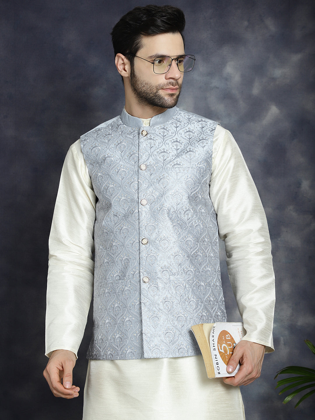 Jompers Men's Sequins and Embroidred Nehru Jacket With Solid Kurta Pyjama - Grey - Distacart