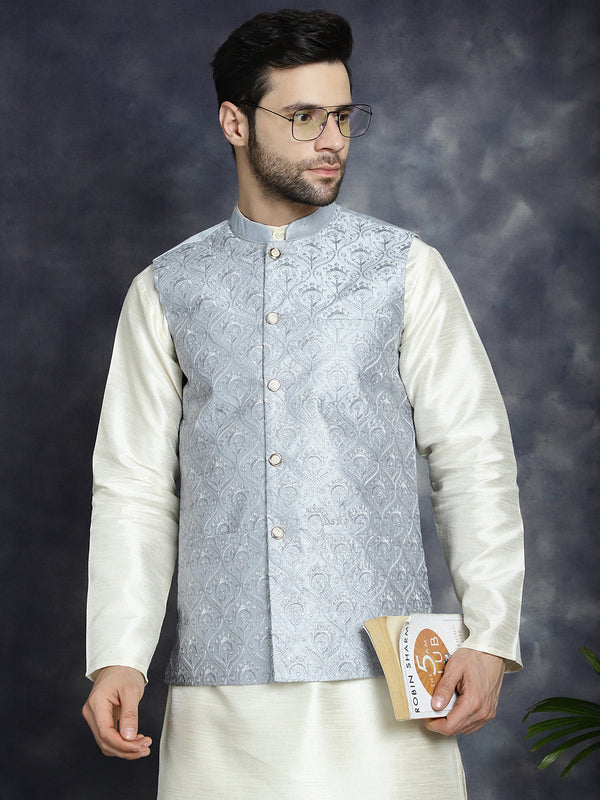 Jompers Men's Sequins and Embroidred Nehru Jacket With Solid Kurta Pyjama - Grey - Distacart