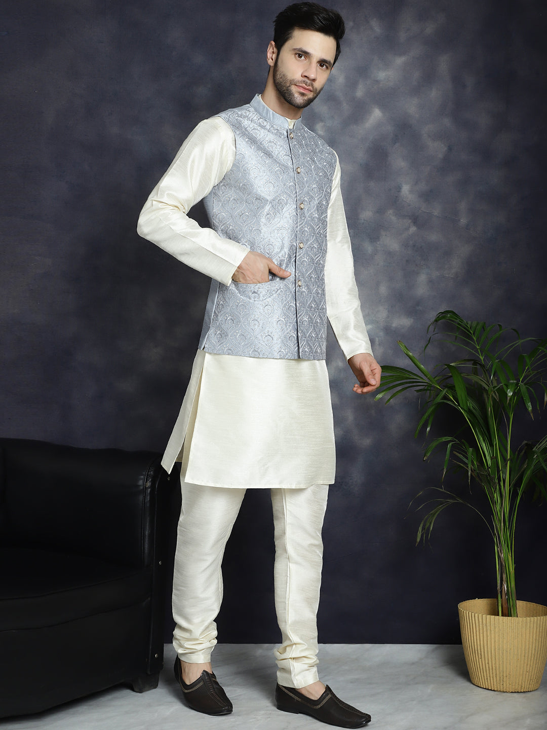 Jompers Men's Sequins and Embroidred Nehru Jacket With Solid Kurta Pyjama - Grey - Distacart