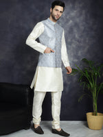 Thumbnail for Jompers Men's Sequins and Embroidred Nehru Jacket With Solid Kurta Pyjama - Grey - Distacart