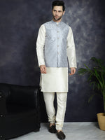 Thumbnail for Jompers Men's Sequins and Embroidred Nehru Jacket With Solid Kurta Pyjama - Grey - Distacart