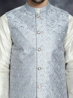 Thumbnail for Jompers Men's Sequins and Embroidred Nehru Jacket With Solid Kurta Pyjama - Grey - Distacart