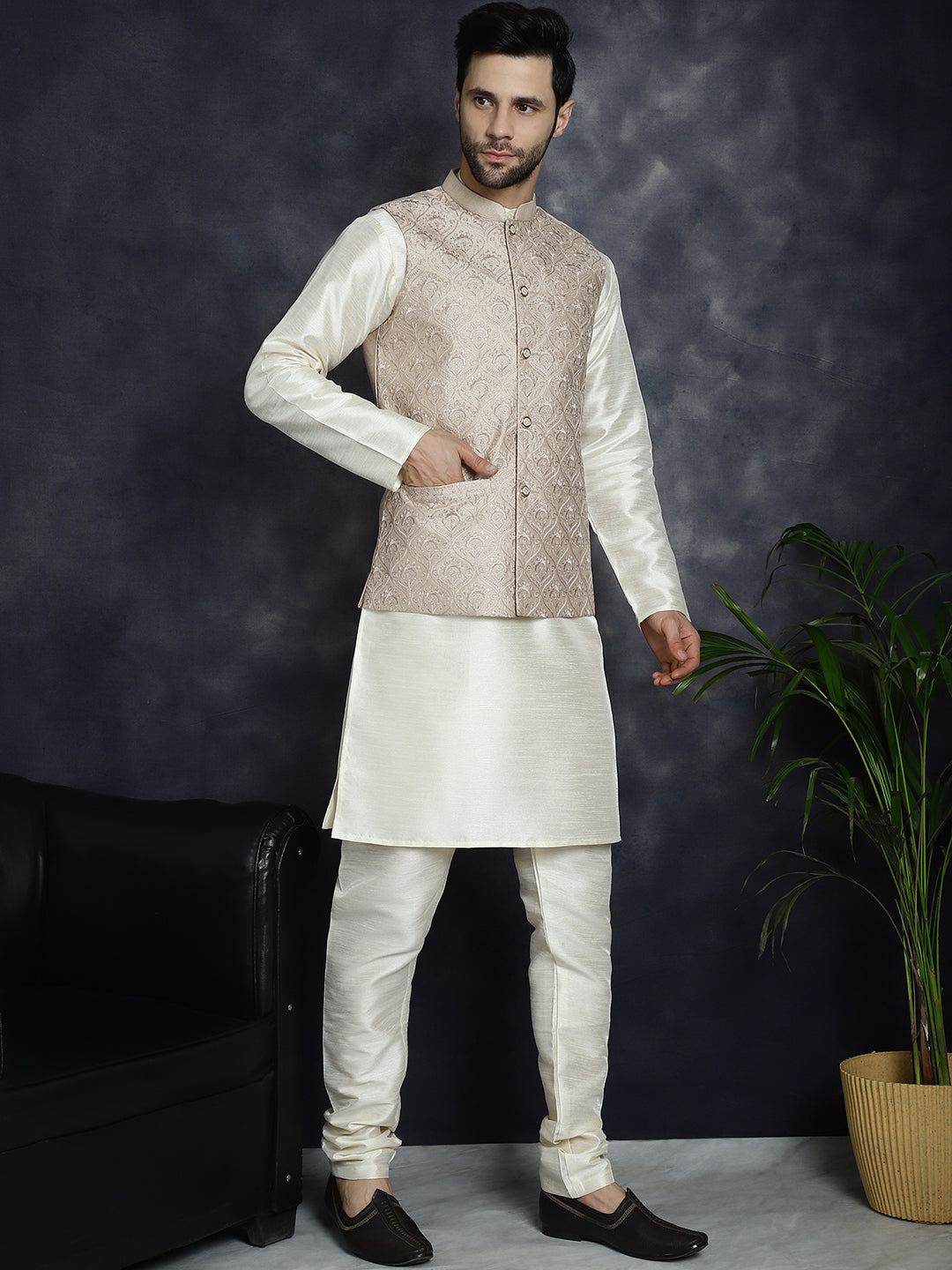 Jompers Men's Sequins and Embroidred Nehru Jacket With Solid Kurta Pyjama - Peach - Distacart