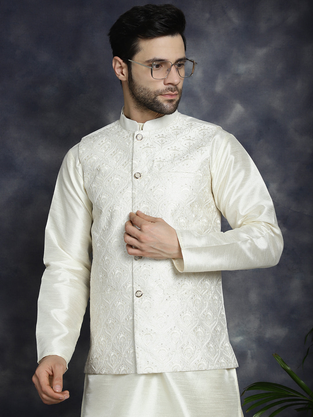 Jompers Men's Sequins and Embroidred Nehru Jacket With Solid Kurta Pyjama - White - Distacart