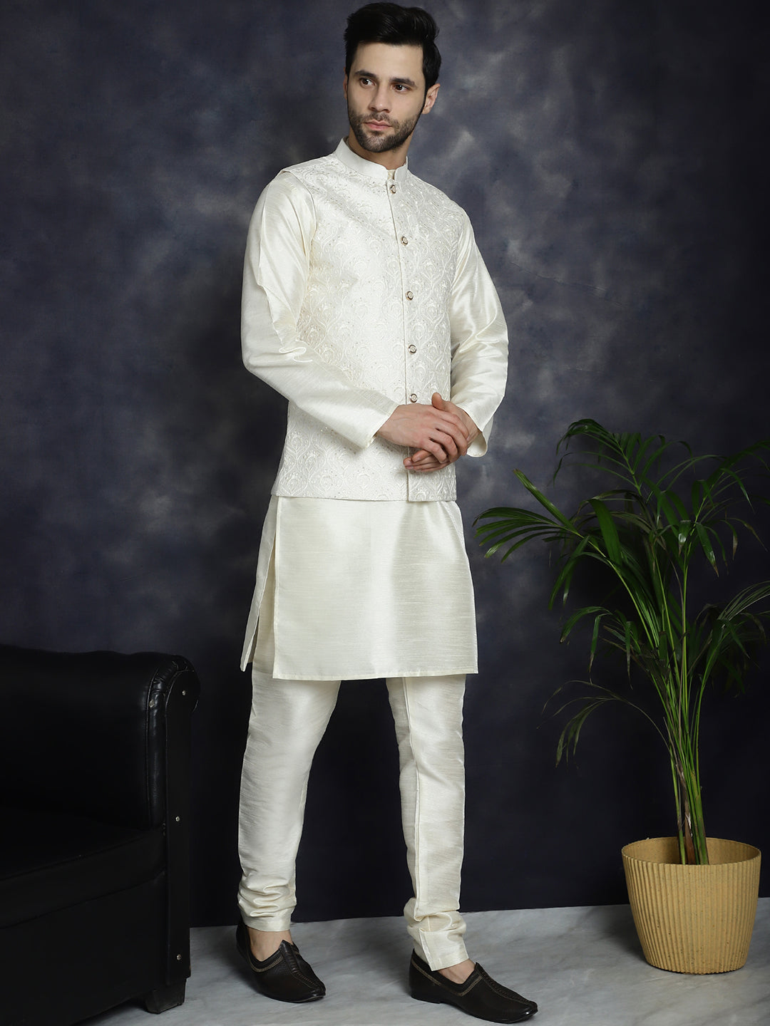 Jompers Men's Sequins and Embroidred Nehru Jacket With Solid Kurta Pyjama - White - Distacart