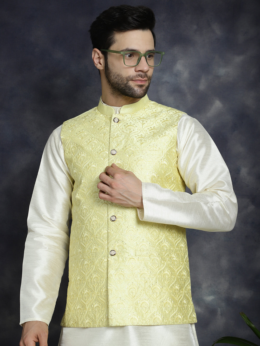 Jompers Men's Sequins and Embroidred Nehru Jacket With Solid Kurta Pyjama - Yellow - Distacart