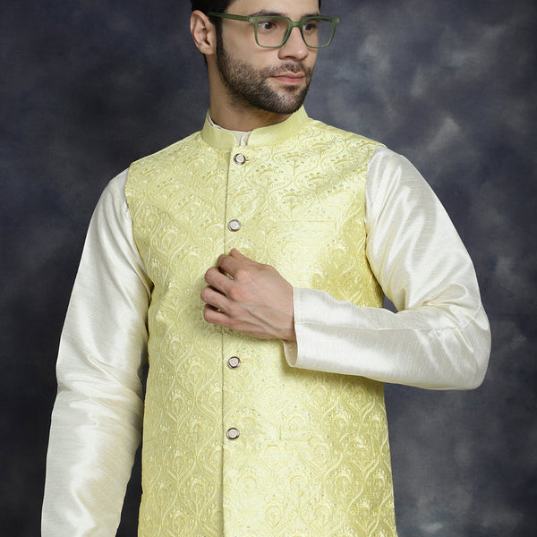 Jompers Men's Sequins and Embroidred Nehru Jacket With Solid Kurta Pyjama - Yellow - Distacart