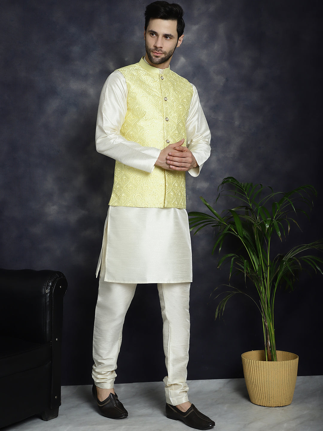 Jompers Men's Sequins and Embroidred Nehru Jacket With Solid Kurta Pyjama - Yellow - Distacart