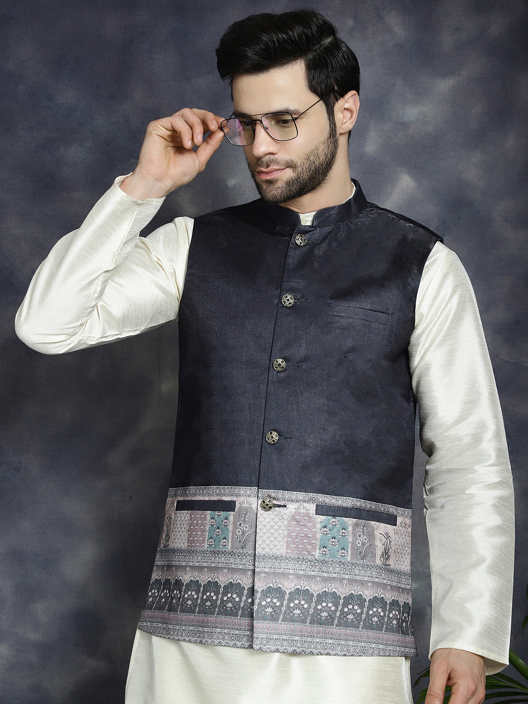Jompers Men's Printed Nehru Jacket With Solid Kurta Pyjama - Black - Distacart