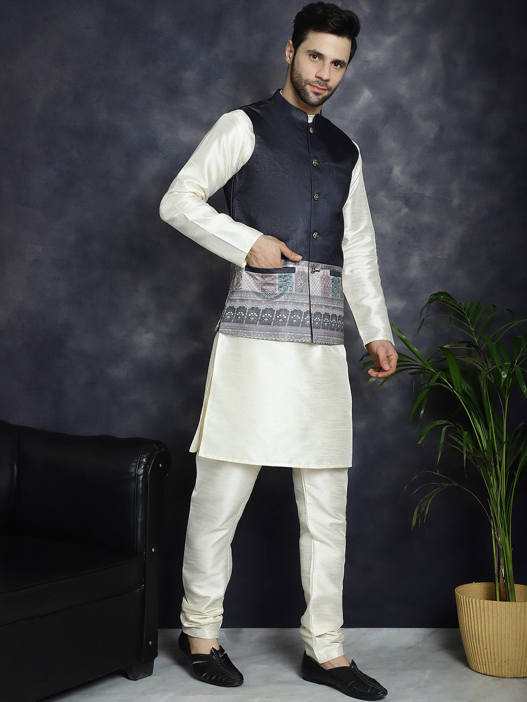 Jompers Men's Printed Nehru Jacket With Solid Kurta Pyjama - Black - Distacart
