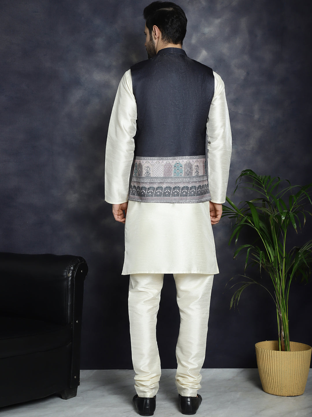 Jompers Men's Printed Nehru Jacket With Solid Kurta Pyjama - Black - Distacart