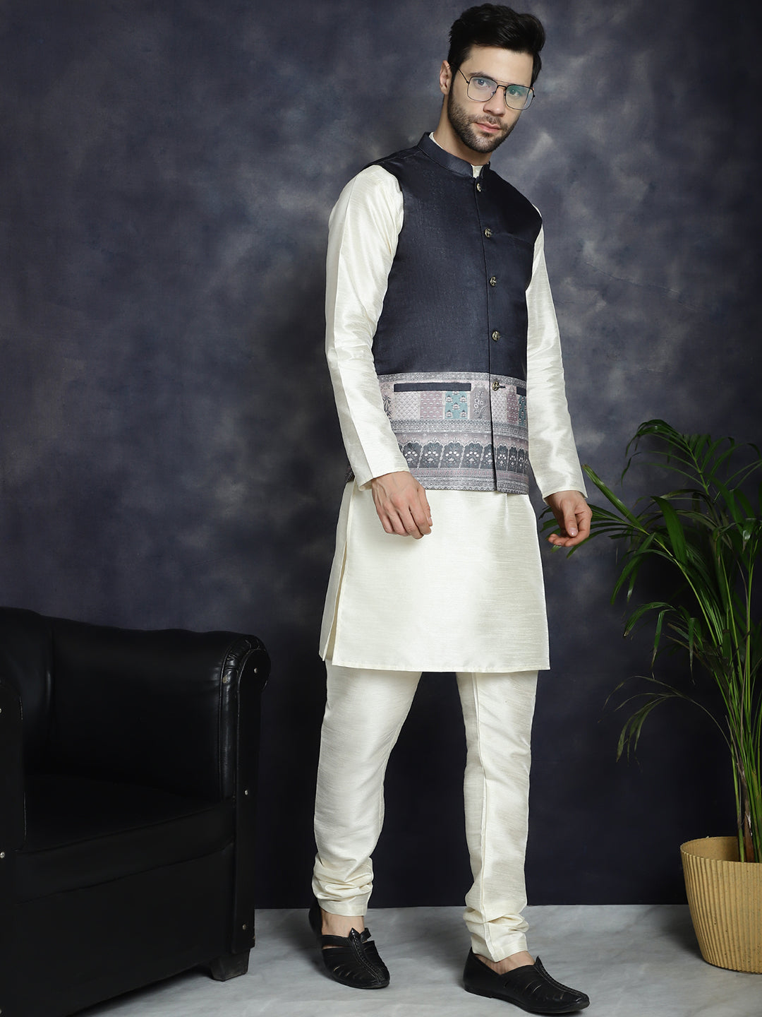 Jompers Men's Printed Nehru Jacket With Solid Kurta Pyjama - Black - Distacart