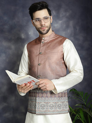 Jompers Men's Printed Nehru Jacket With Solid Kurta Pyjama - Brown - Distacart