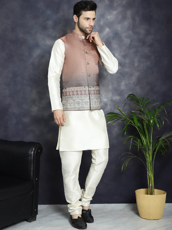 Jompers Men's Printed Nehru Jacket With Solid Kurta Pyjama - Brown - Distacart