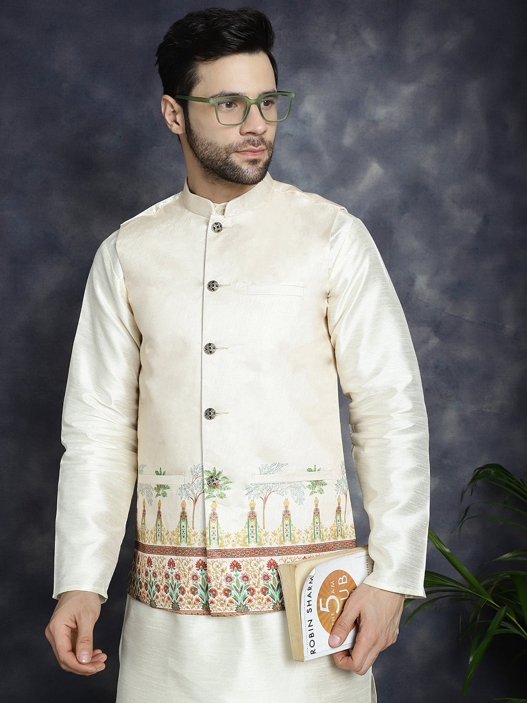 Jompers Men's Printed Nehru Jacket With Solid Kurta Pyjama - Golden - Distacart