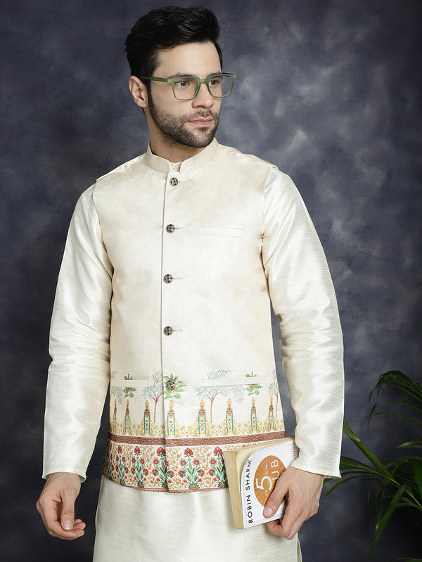 Jompers Men's Printed Nehru Jacket With Solid Kurta Pyjama - Golden - Distacart