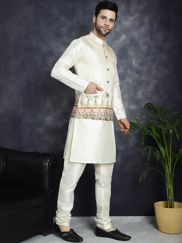 Jompers Men's Printed Nehru Jacket With Solid Kurta Pyjama - Golden - Distacart